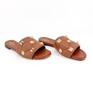 Valentino Roman Stud Brown Rockstud Slide Sandals Flats Size 37.5 US 7.5 Women's